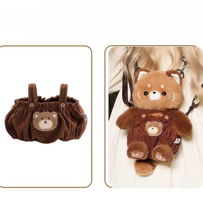 Brown Cute Plush Red Panda Backpack + Overall Pants Middle/Large Size