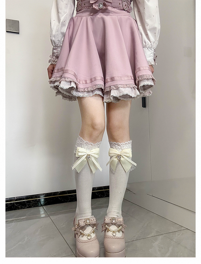 Apricot Bow Detail Front Heart Rhinestone Jirai Kei Under Knee Stockings