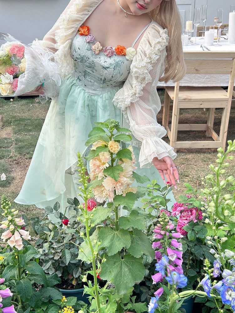 Plus Size Lace Trim Beige Self-tie Straps Long Sleeves Top