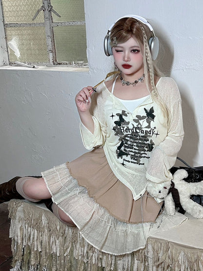 Plus Size Y2K White and Khaki High Waist Skirt