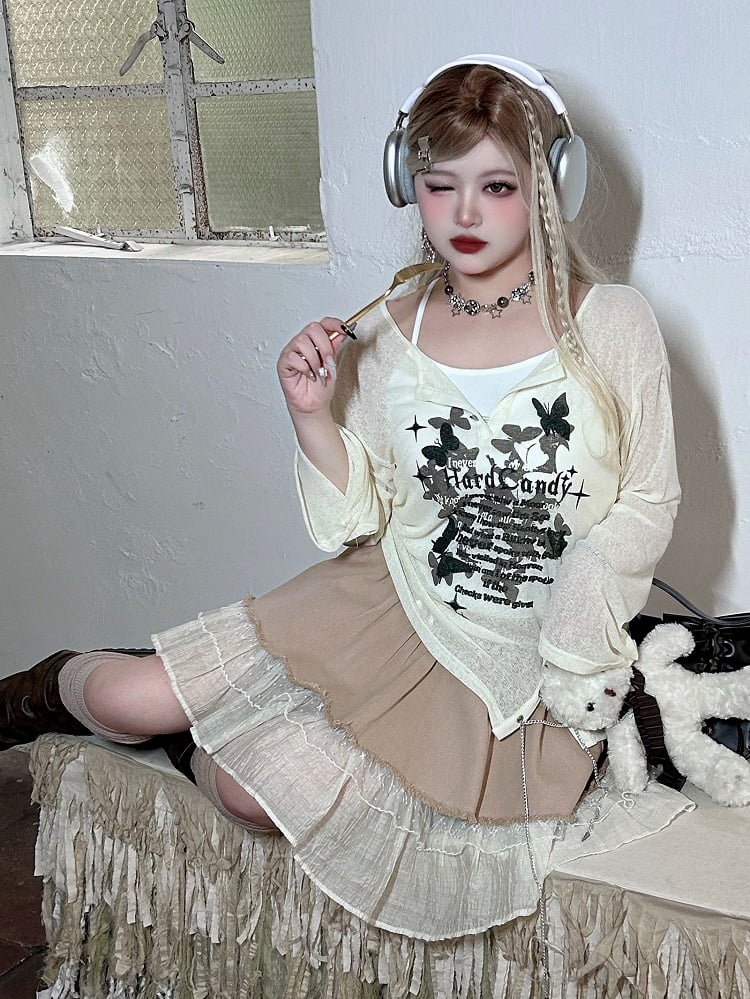 Plus Size Y2K White Butterflies Print Long Sleeves Top with Chain + Tank Top Set