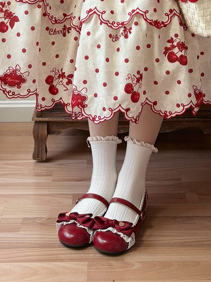 Romantic Heart Bow, Lace Trim & Scalloped Trim Details Red Low-heel Shoes in Classic Lolita