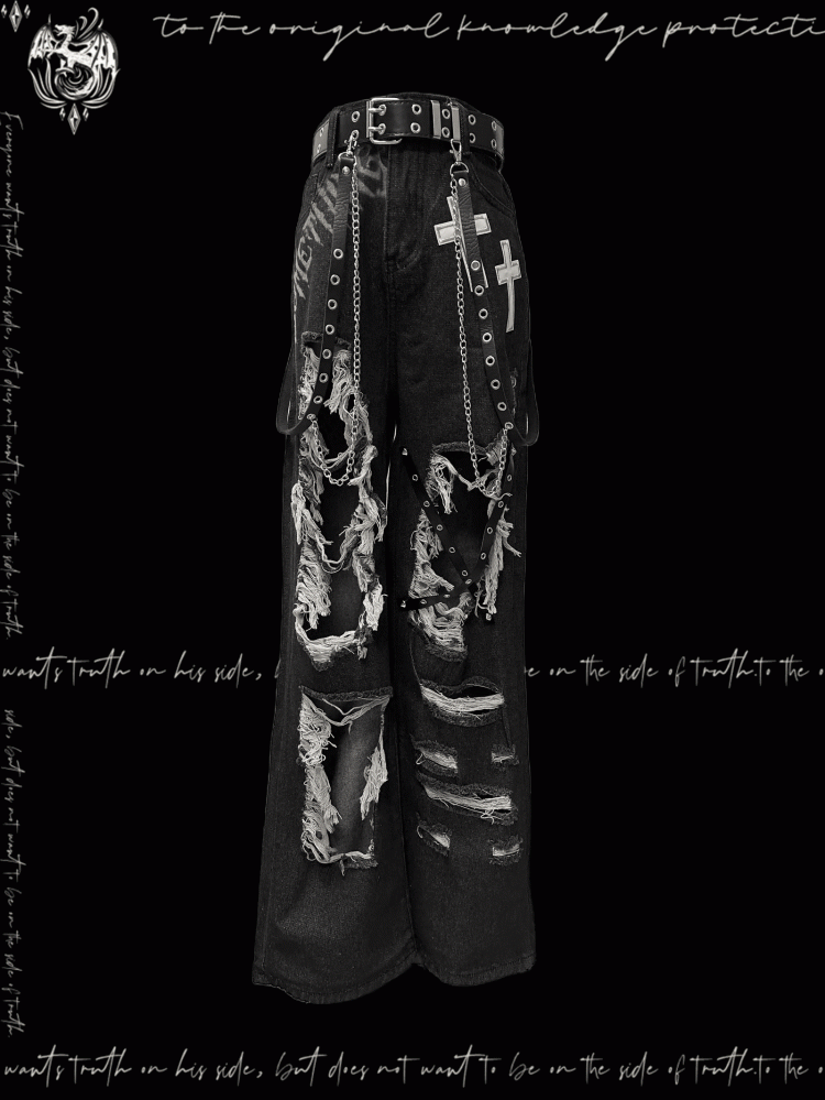 Y2K Black Cross Appliques Criss-cross Straps Distressed Holes Glamorous Jeans