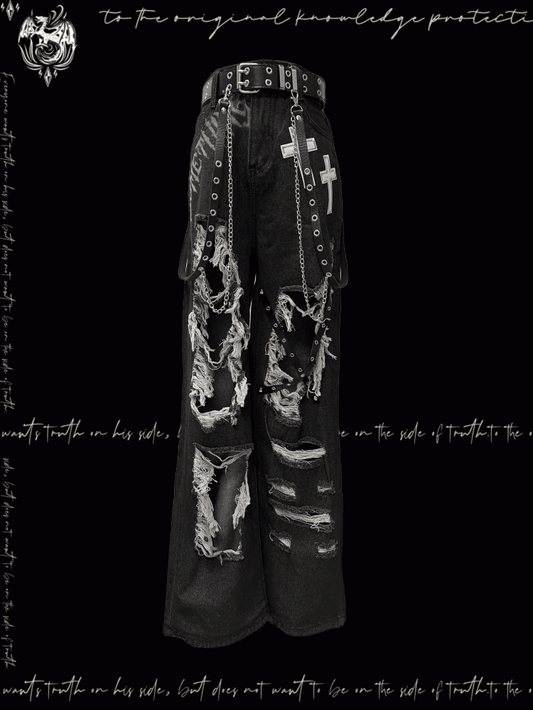 Y2K Black Cross Appliques Criss-cross Straps Distressed Holes Glamorous Jeans