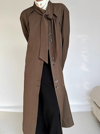 Ouji Lolita Coffee Vintage Long Trench Coat with Tie Neck & Button Cuffs