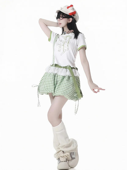 Green Plaid Overalls Bubble Shorts Detachable Shoulder Straps