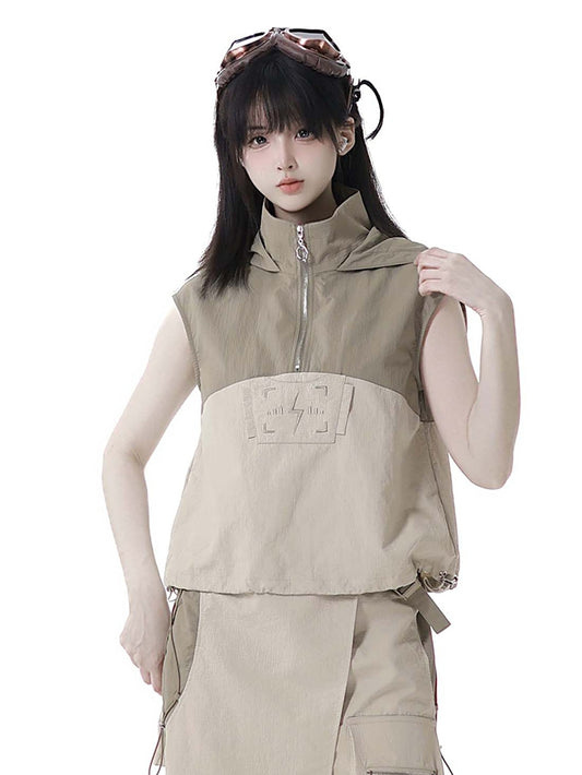 Khaki Colorblock Design Drawstring Hem Techwear Hooded Tank Top