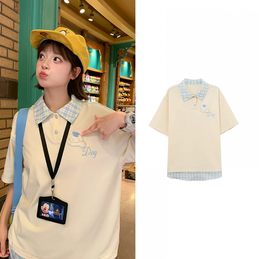 Blue Plaid Collar and Hem Puppy Embroidery Apricot Loose T-shirt