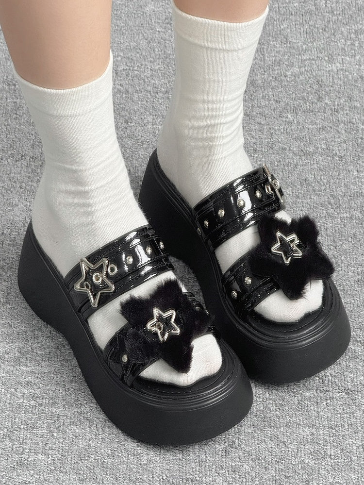 Alt-Goth Black Platform Slippers – Star Buckles, Metal Studs & Fleece Top