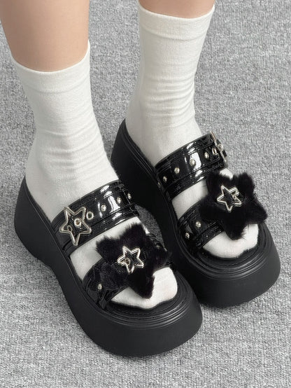 Alt-Goth Black Platform Slippers – Star Buckles, Metal Studs & Fleece Top