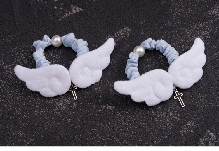 Handmade Cross Charm Angel Wings Blue and White Hair Ties