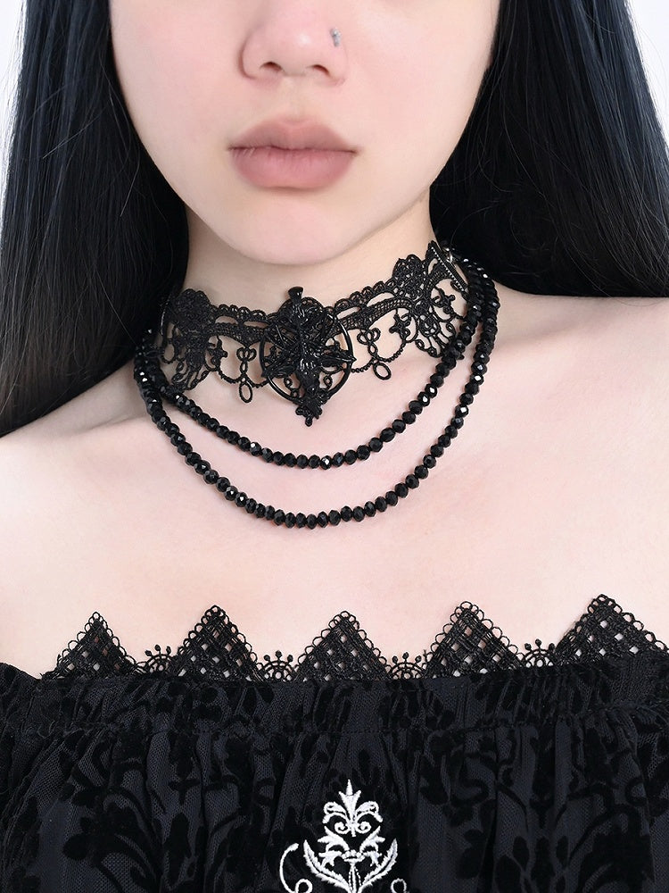 Bead Details Gothic Black Halloween Lace Choker