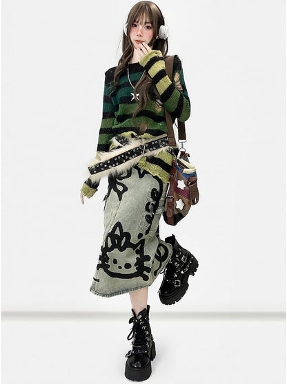 Green Y2K Striped Pattern Cut-out Details Asymmetrical Neckline Sweater