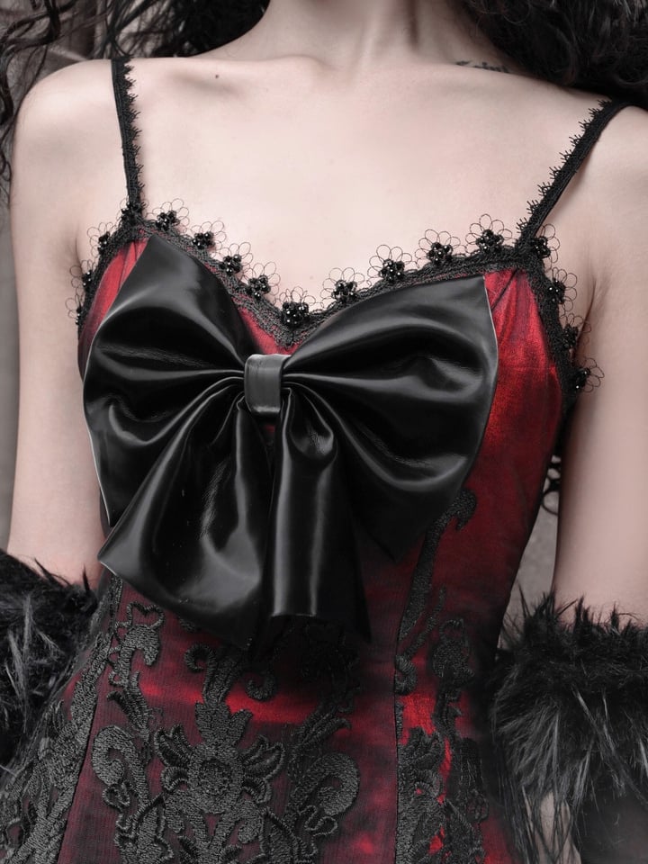 2025 New Year Red New Dress PU Big Bow Bodice Goth Vampire Spaghetti Straps Dress