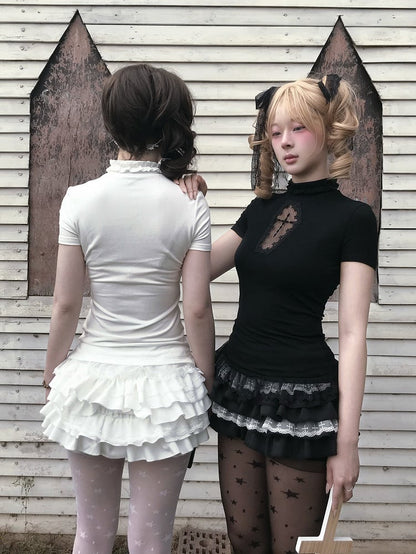 Gothic Black/White Mock Neck Coffin-Shaped Cutout T-Shirt