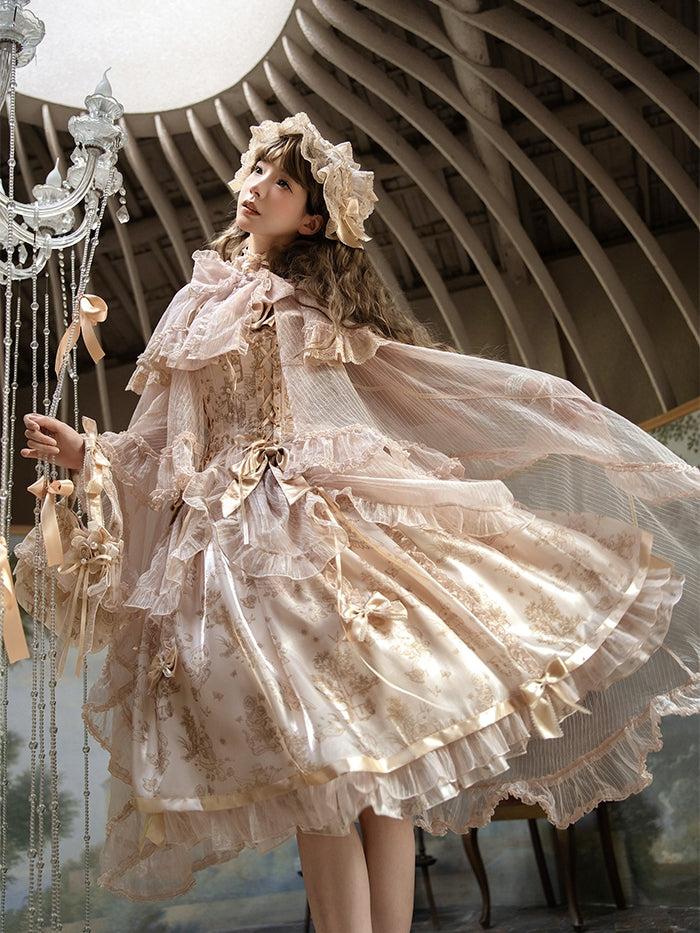 Champagne Self-tie Big Bow Neckline Cloak Cascading Ruffle Trimming