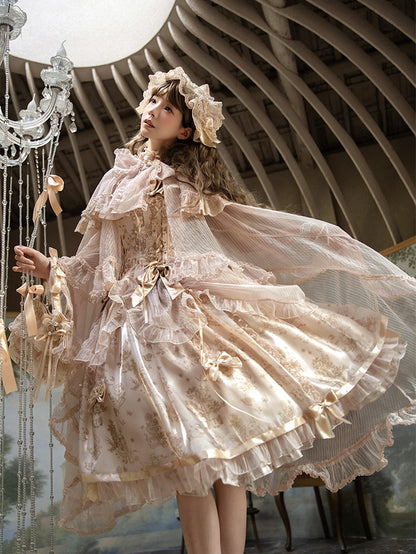 Champagne Self-tie Big Bow Neckline Cloak Cascading Ruffle Trimming