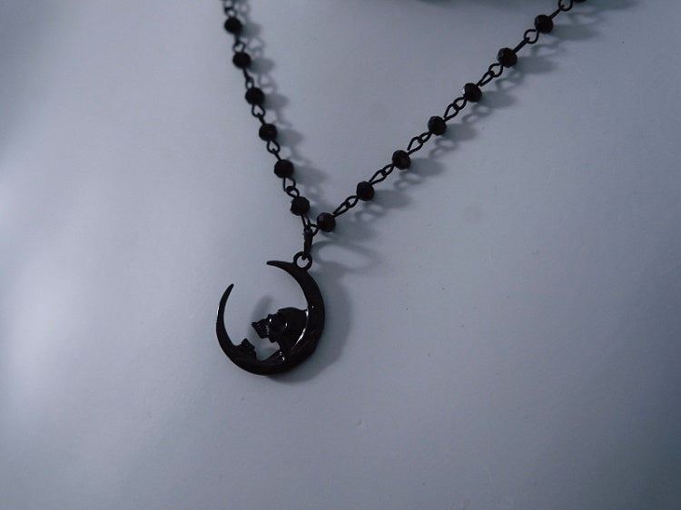 Gothic Moon Pendant Black Double Layers Beads Necklace