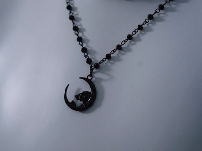 Gothic Moon Pendant Black Double Layers Beads Necklace