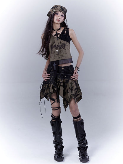 Army Green Lace-up Shoulder Asymmetrical Hem Wasteland Punk Tank Top