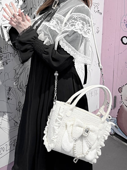 White Triple-Carry Handbag with Ruffles Trim in Elegant Lolita - Beaded And Rhinestone Heart Charm & Plush Bunny Ear Bow