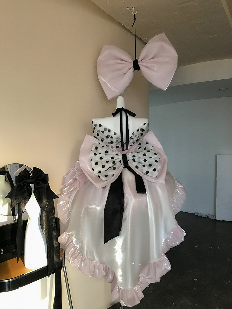 Pink Satin Sweet Lolita Dress with Polka Dot Off-the-Shoulder Detail and Large Bow