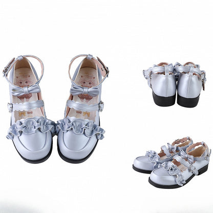 Blue Ruffles Trim Bowknot Decorated Heart Buckles Lolita Shoes