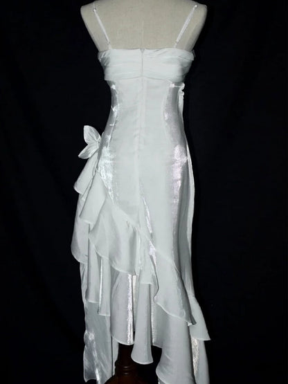 White Vintage Floral Wedding Dress Asymmetrical Hem Prom Gown