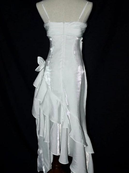 White Vintage Floral Wedding Dress Asymmetrical Hem Prom Gown