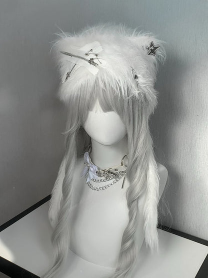 Black/White Pins and Zippers Accents Cat Ear Plush Hat