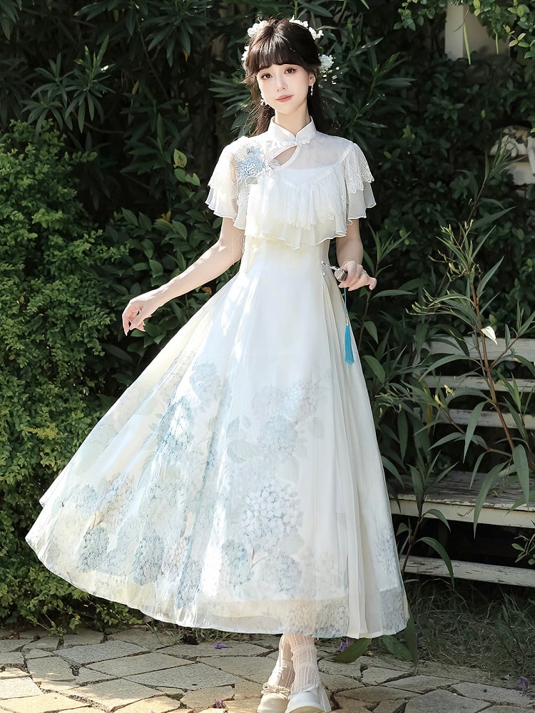 Hydrangea Print White Elegant Classic Lolita Dress with Lace Shawl