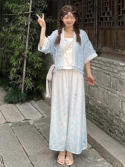 Floral Print Gradient Blue Chiffon Wide Leg Pants