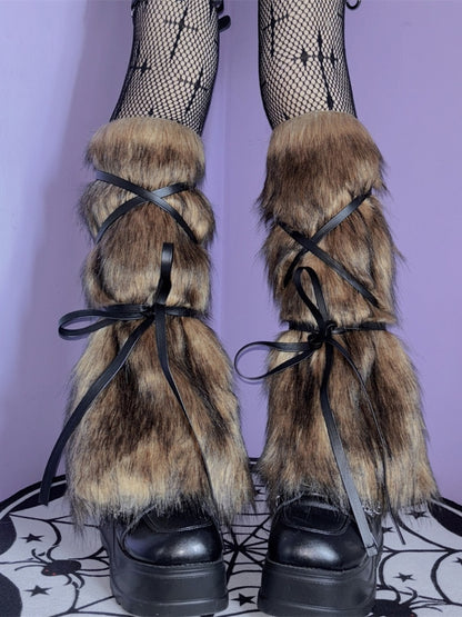 2 Options Yellow&Black Self-tie Strap Shaggy Plush Arm/Leg Warmers