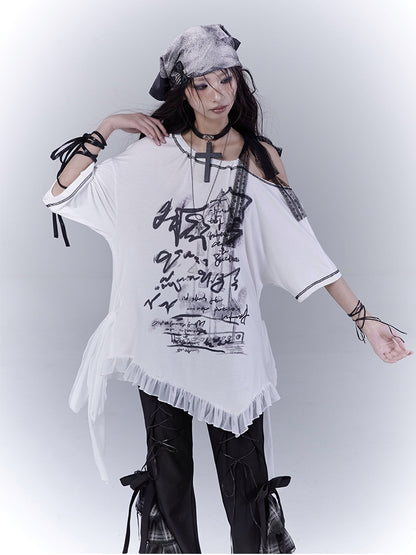White Asymmetrical Neckline Ruffle Hem Graphic T-Shirt with Self-tie Strap Waist