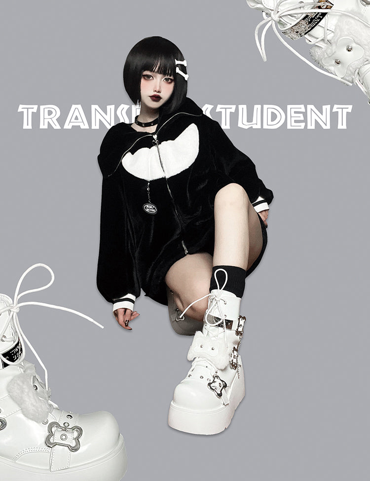 Buckle Straps Plush Bone Decorated Polished White Punk Platform Boots