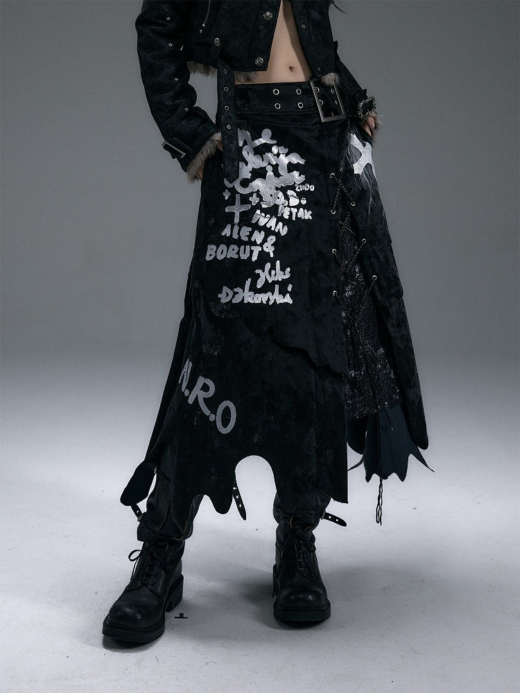 Black/White Asymmetrical Hem Lace-up Detail Skirt with Lace Patches