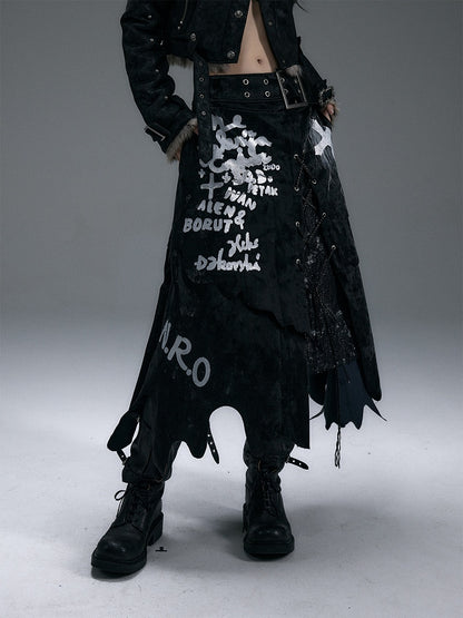 Black/White Asymmetrical Hem Lace-up Detail Skirt with Lace Patches