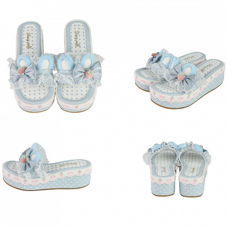 Blue Sweet Lolita Bow Accents Lace Trim Plush Bunny Ear Platform Slippers