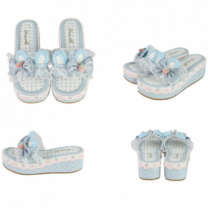 Blue Sweet Lolita Bow Accents Lace Trim Plush Bunny Ear Platform Slippers