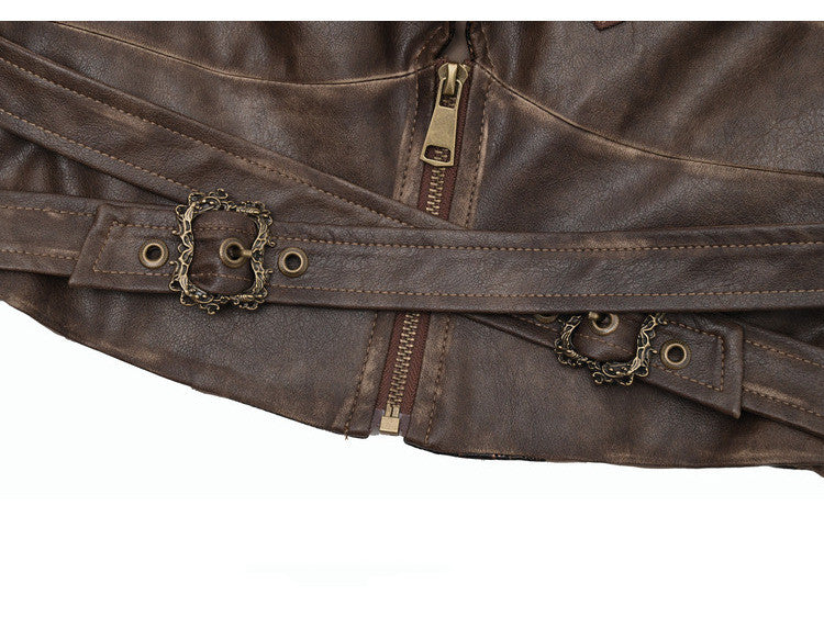 Buckle Straps Brown Western Style V-neck Punk PU Moto Jacket