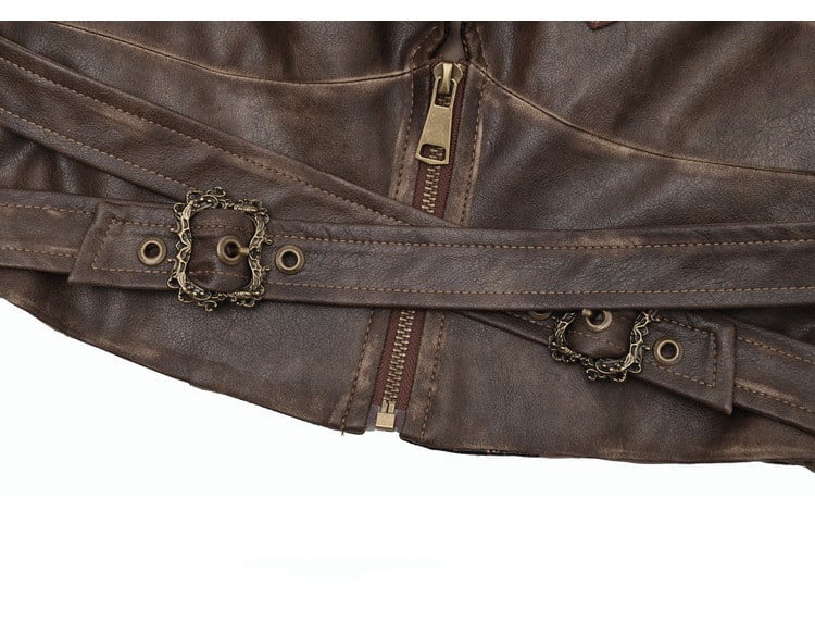 Buckle Straps Brown Western Style V-neck Punk PU Moto Jacket