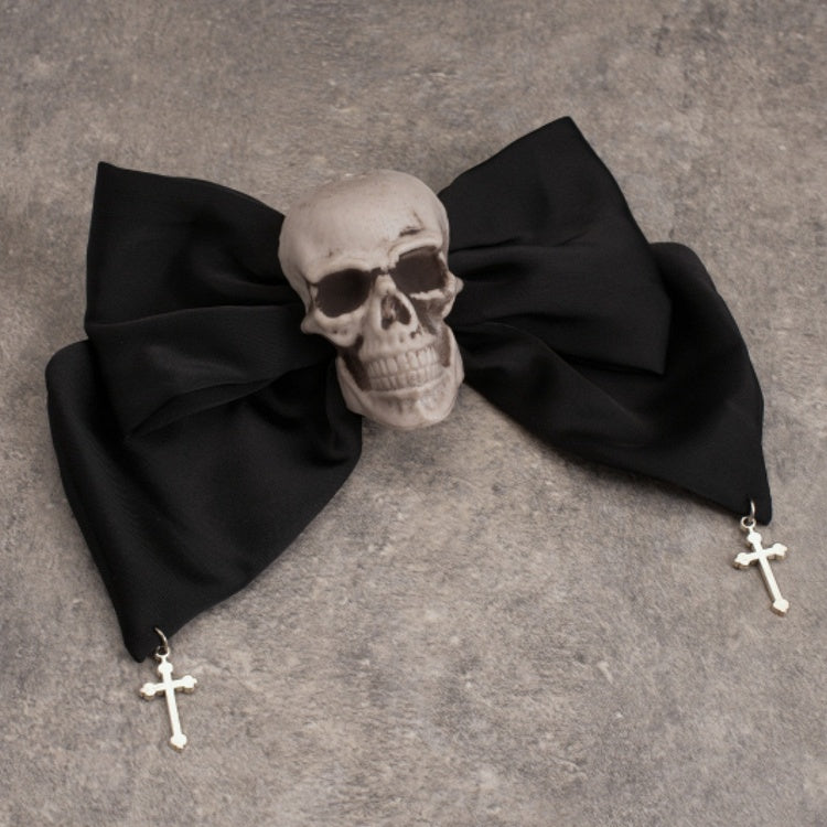 Cross Charm Gothic Black Skull Big Bow Hairclip