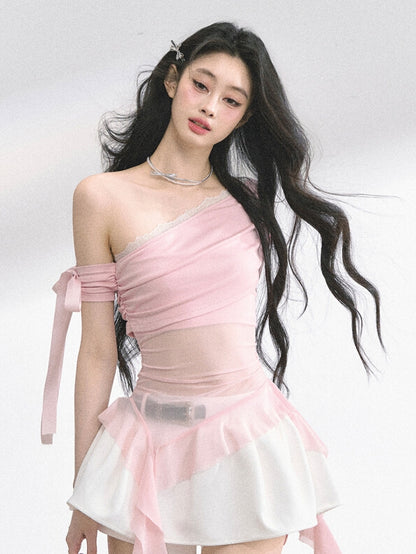 Pink Asymmetrical Neckline Cascading Ruffle Accents Mesh Top