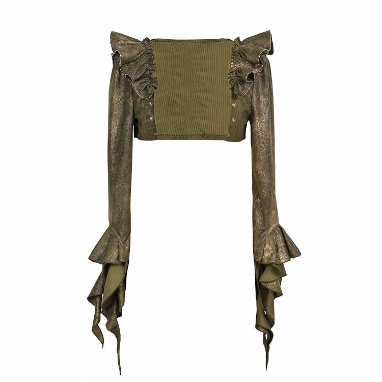 Green Asymmetrical Ruffled Cuff Shrug with Flutter Sleeve Detail at Shoulder