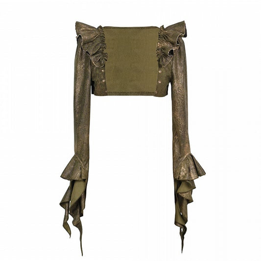 Green Asymmetrical Ruffled Cuff Shrug with Flutter Sleeve Detail at Shoulder