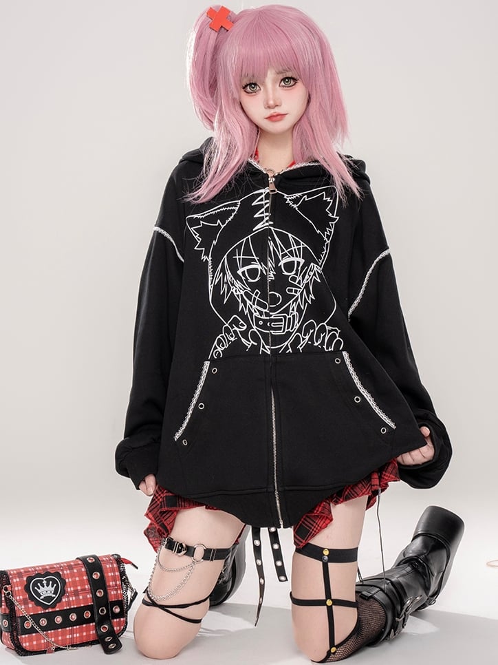 Punk Black/Pink Anime Girl Print Cat Ears Design Zip Hoodie