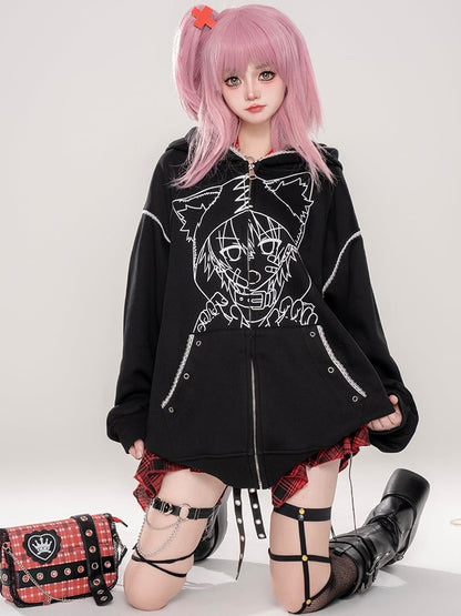 Punk Black/Pink Anime Girl Print Cat Ears Design Zip Hoodie