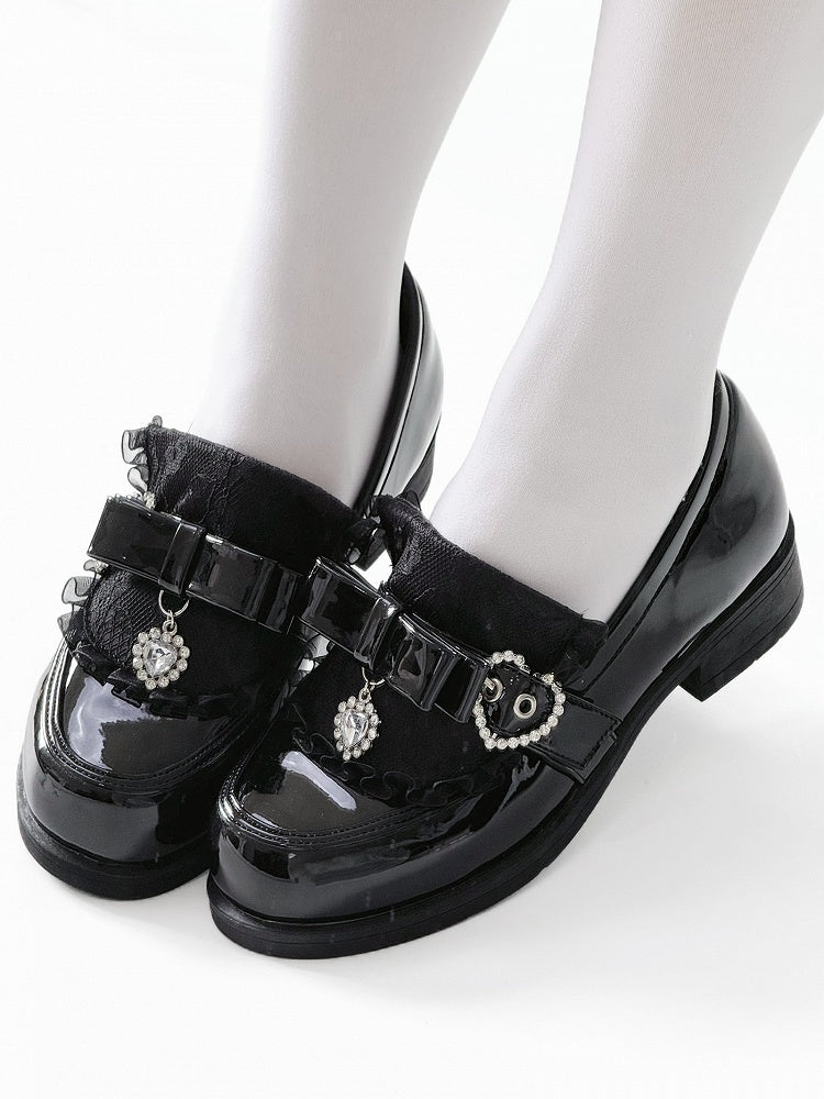 Polished Black Jirai Kei Slip-On Loafers - Low Heel with Rhinestone Decor Bow Accents