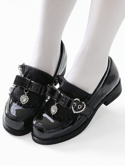 Polished Black Jirai Kei Slip-On Loafers - Low Heel with Rhinestone Decor Bow Accents