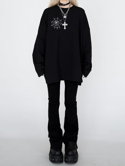 Spiderweb Embroidered Black Sweatshirt with Detachable Metal Spider